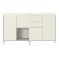 Cream-colored cabinet with a sleek, minimalist design featuring multiple doors and drawers, ideal for modern decor.