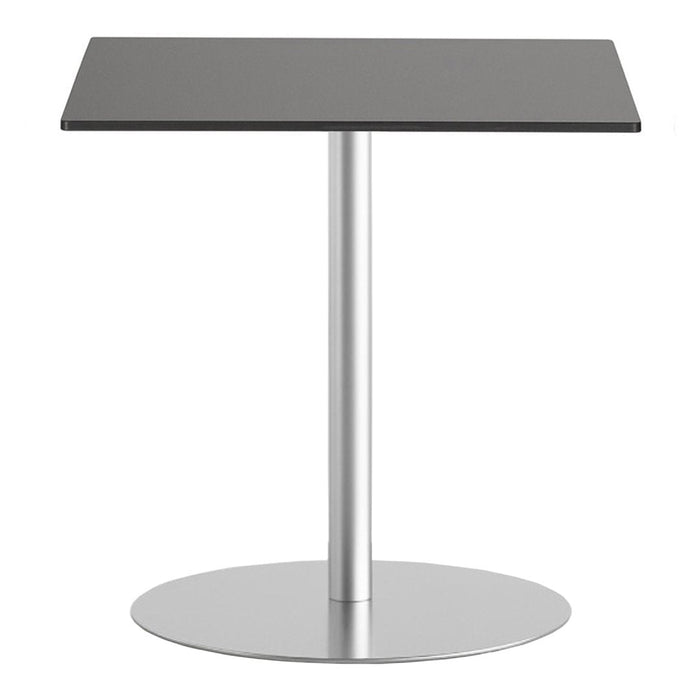 Stylish black tabletop with a sleek silver base, perfect for modern decor. Minimalist design with clean lines.