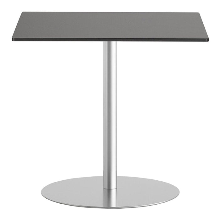 Sleek black rectangular tabletop with a silver circular base, perfect for modern decor.