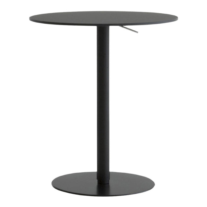 Black round table with a sleek design and minimalist patterns, suitable for modern decor. Perfect for small spaces.