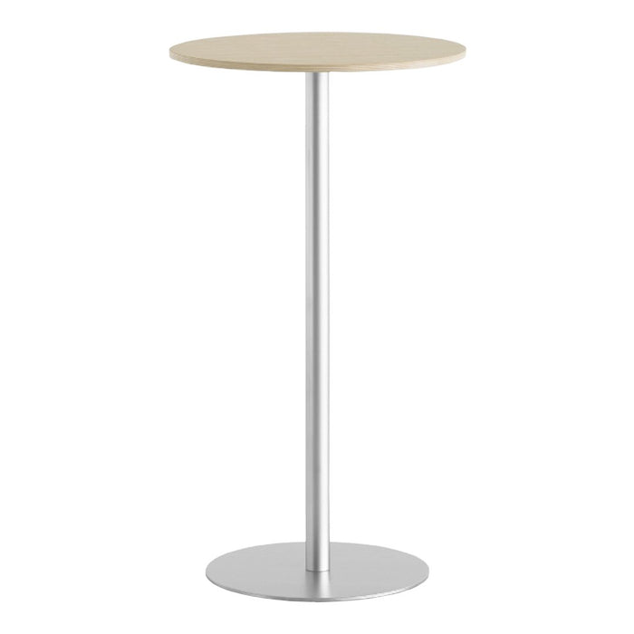 Minimalist round table with a light beige wood top and sleek silver metal base. Perfect for modern decor.
