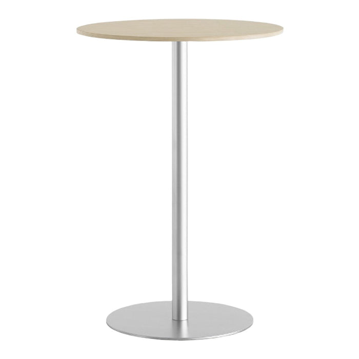 Round beige tabletop with a sleek silver pedestal base, featuring a minimalist design. Perfect for modern decor.