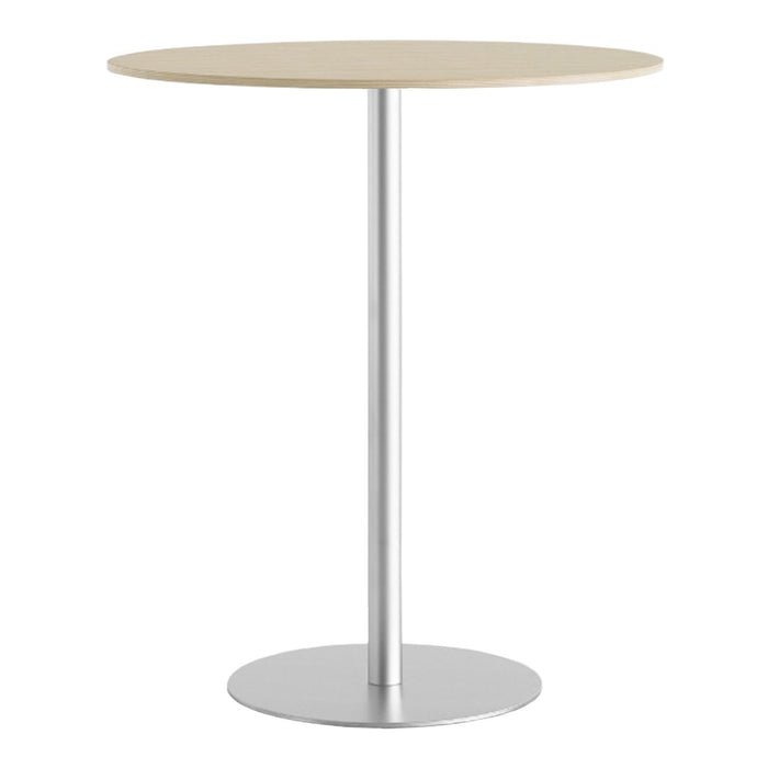 Round wooden table top in light beige with a sleek silver metal base, featuring a minimalist design.