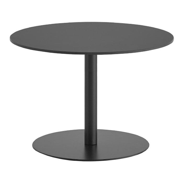 Round black coffee table with a smooth surface and a minimalist design, featuring a sturdy pedestal base.