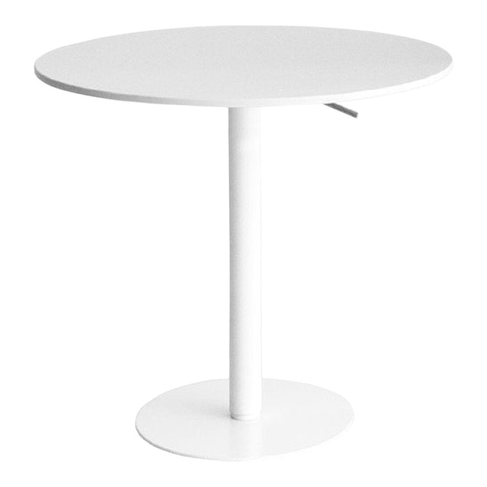 Round white table with a sleek, minimalist design; smooth surface and sturdy circular base. Ideal for modern spaces.