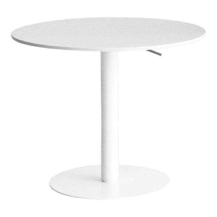 Round white table with a sleek, minimalist design and smooth surface; perfect for modern decor.
