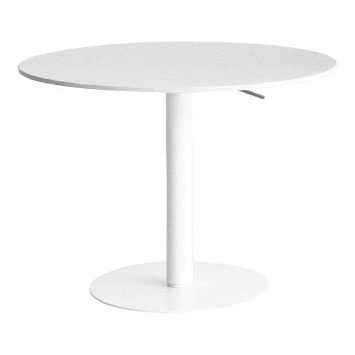 Round white table with a sleek pedestal base and smooth surface, perfect for modern decor.