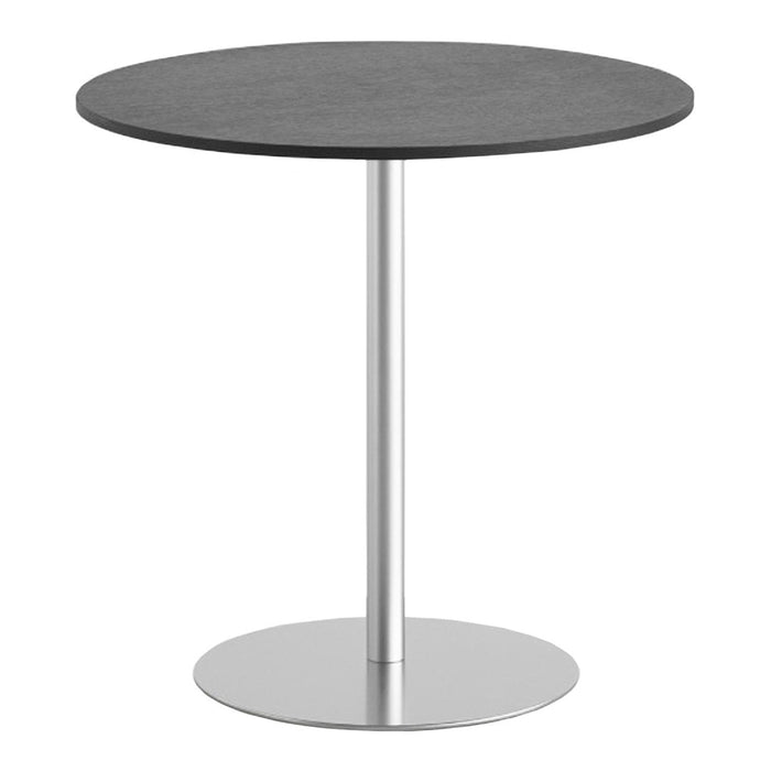 Round black tabletop with a sleek silver base, creating a modern and minimalist design. Perfect for any space.