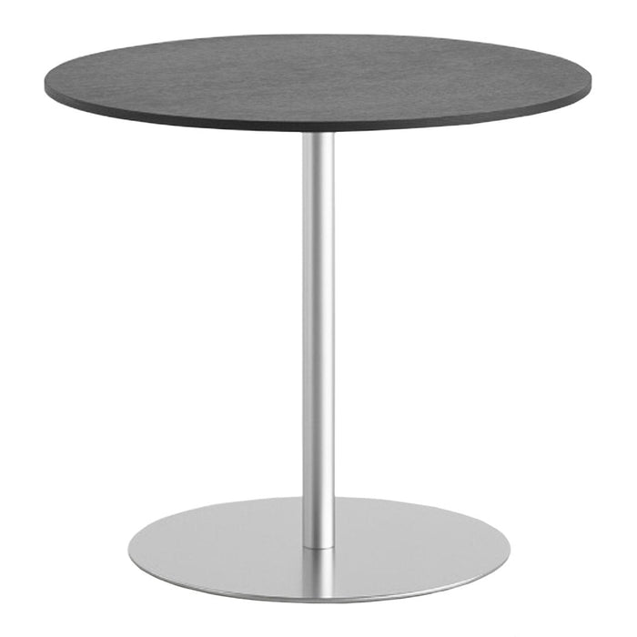 Round gray tabletop with a smooth finish, supported by a sleek silver metal pedestal base. Perfect for modern decor.