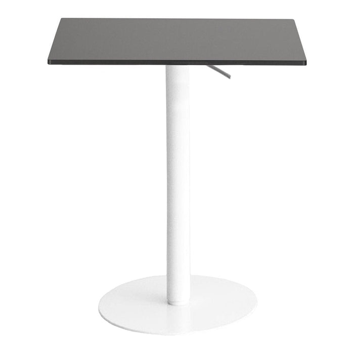 Adjustable black tabletop with a sleek white base, featuring a modern minimalist design.