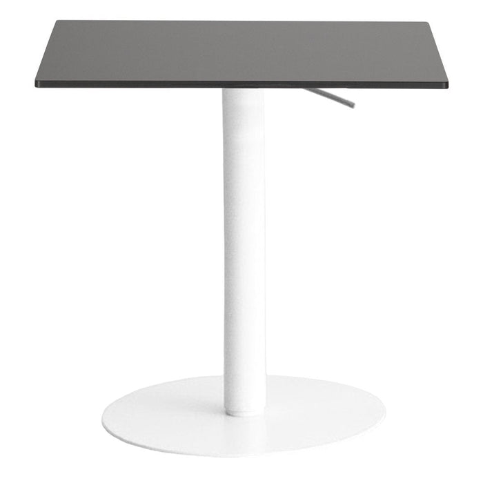 Modern black and white adjustable table with a sleek rectangular top and round base, perfect for contemporary spaces.