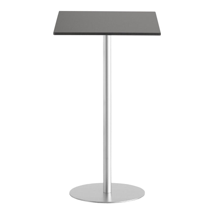 Modern black square tabletop with a sleek silver metal pole and circular base, minimalistic design for contemporary spaces.