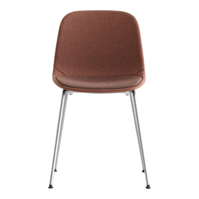 Brown upholstered dining chair with sleek silver legs, featuring a smooth, minimalist design.