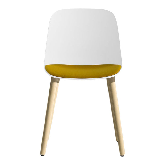 White and yellow modern chair with a sleek design and light wooden legs, perfect for stylish interiors.
