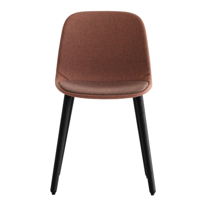 Brown upholstered chair with a smooth texture and sleek black legs, perfect for modern decor.
