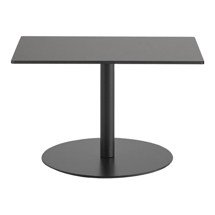 Sleek black coffee table with a square top and round base, featuring a minimalist design and solid colors.
