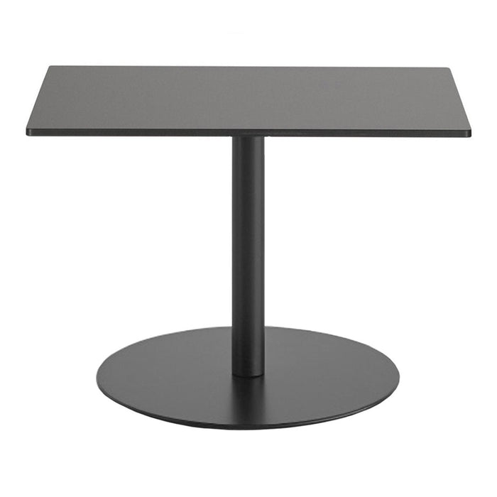 Modern black square table with a sleek pedestal base and circular surface, perfect for minimalist decor.