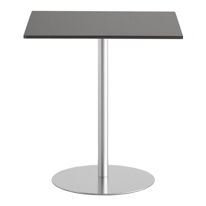 Modern black square table with a sleek silver base, perfect for contemporary decor.