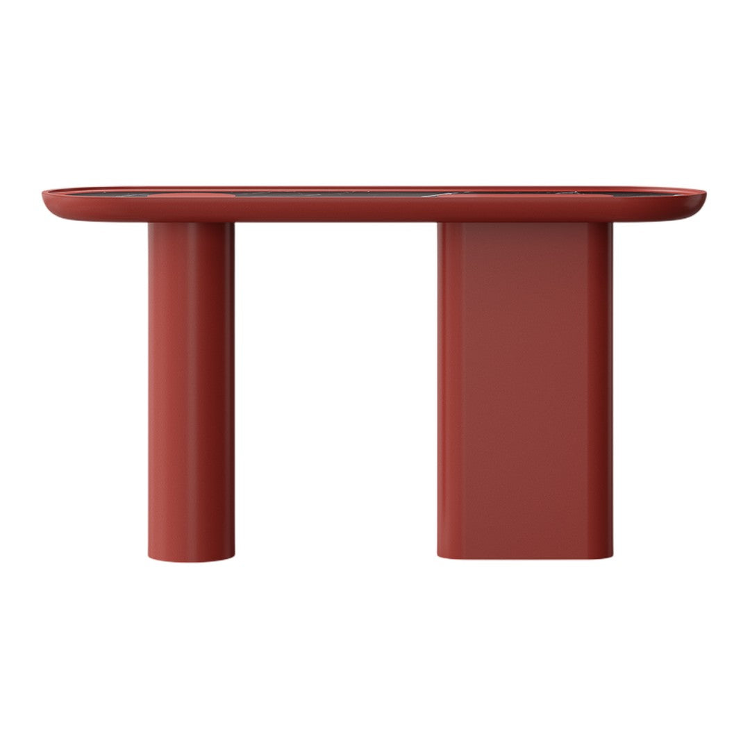 Modern red console table with a smooth, rounded top and cylindrical legs, showcasing a solid matte finish.
