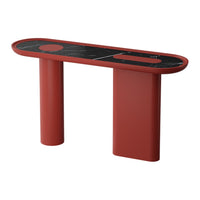 Red console table with a sleek black patterned top and rounded edges, perfect for modern decor.