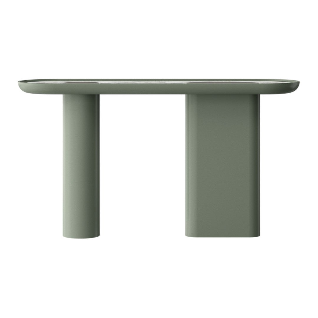 Sleek green console table with a smooth, minimalist design and rounded edges, perfect for modern decor.