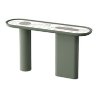 Green console table with marble-patterned top and sleek, rounded edges. Modern design with minimalistic style elements.