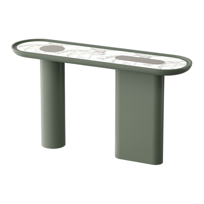 Green console table with marble-patterned top and sleek, rounded edges. Modern design with minimalistic style elements.