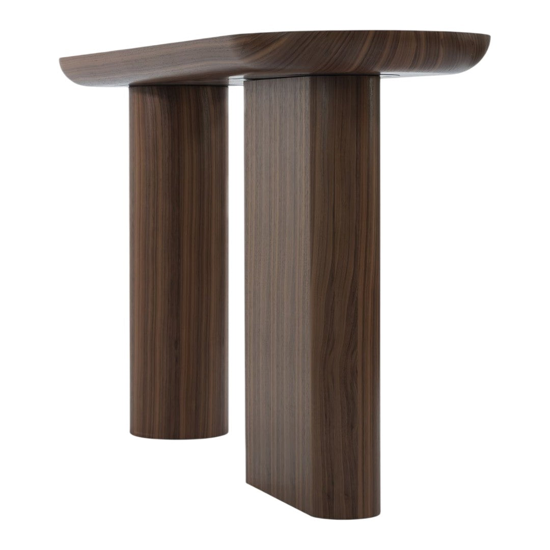 Modern walnut console table with smooth, dark wood finish and sleek, minimalistic design.