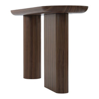 Modern walnut console table with smooth, dark wood finish and sleek, minimalistic design.
