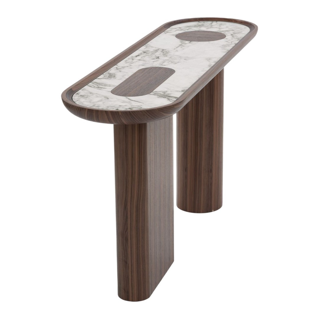 Elegant wood console table with a marble-patterned top and rich walnut finish, featuring sleek, modern lines.