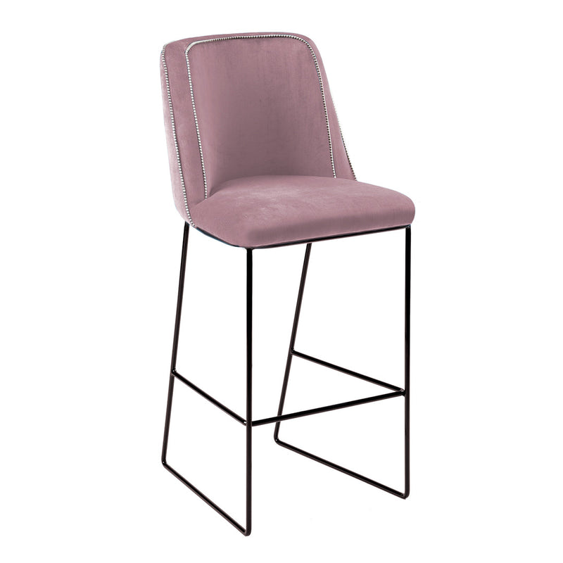 Pink velvet bar stool with silver trim on a sleek black metal frame. Elegant and modern design.