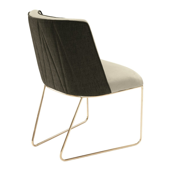 Modern two-tone chair featuring a sleek gray and cream finish with vertical ribbed pattern and a gold metal frame.