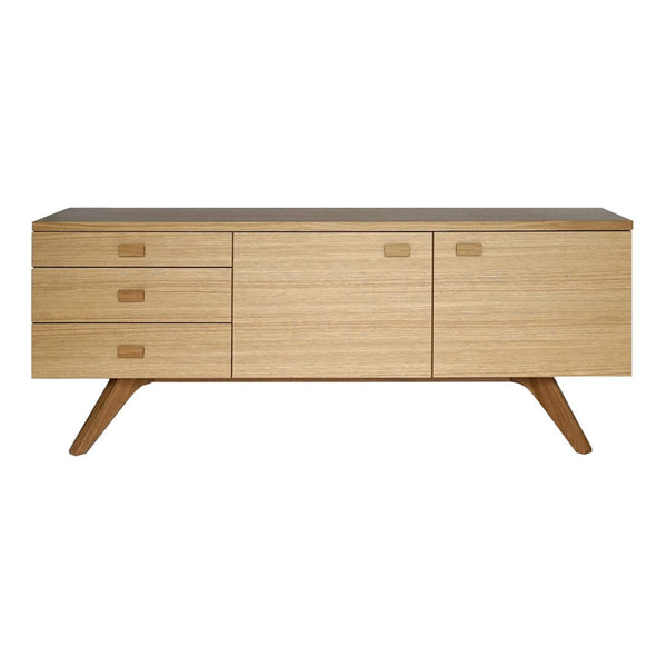 Light oak wood sideboard with clean lines, featuring three drawers and two cabinets, highlighting natural grain patterns.