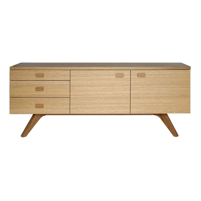 Light oak wood sideboard with clean lines, featuring three drawers and two cabinets, highlighting natural grain patterns.
