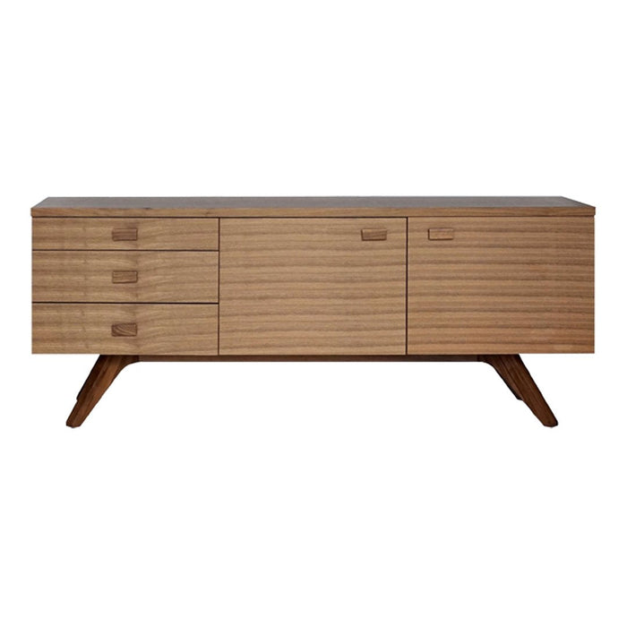 Mid-century modern wooden sideboard in warm light oak finish with horizontal lines and tapered legs.