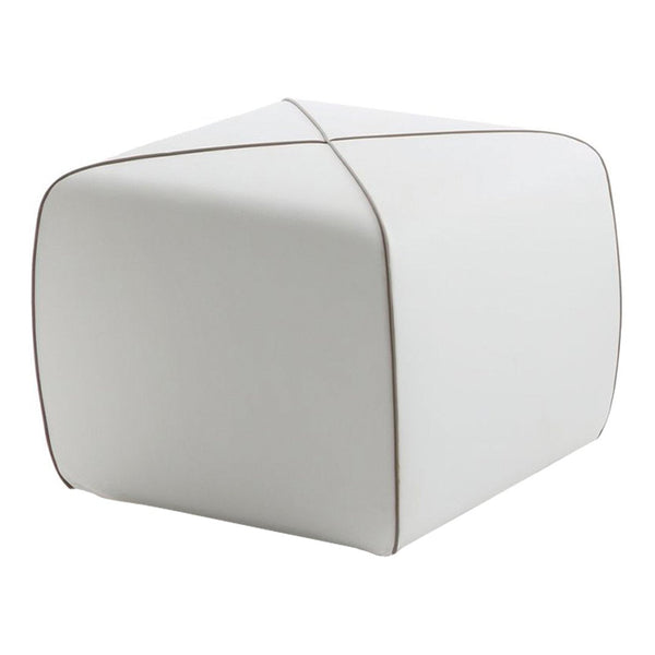 White cube ottoman with subtle beige stitching, smooth surface, and minimalist design. Ideal for modern decor.