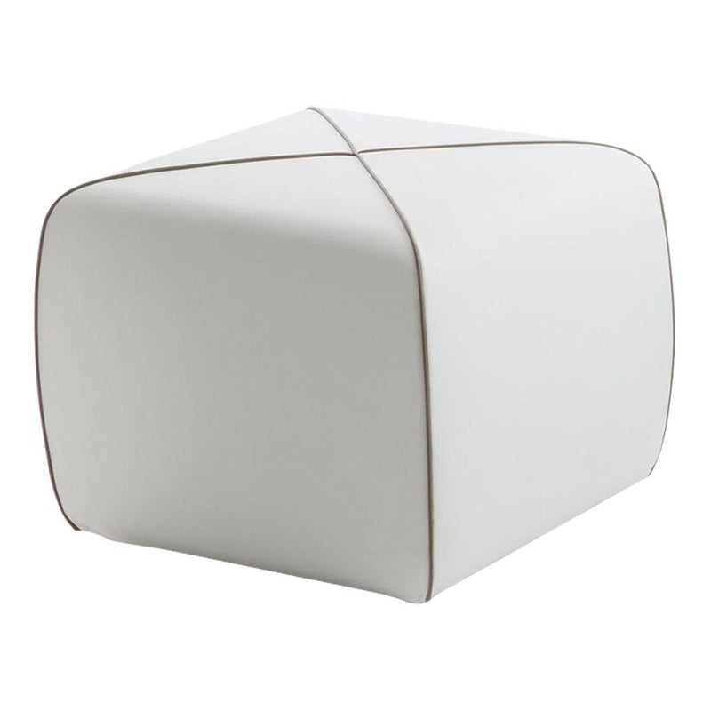 White cube ottoman with subtle beige stitching, smooth surface, and minimalist design. Ideal for modern decor.