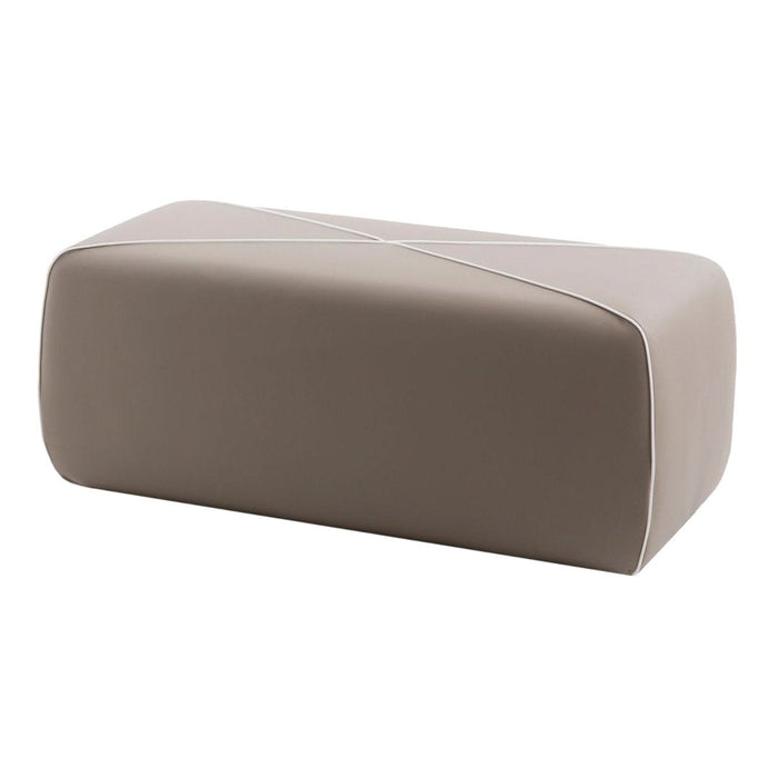 Neutral taupe ottoman with a sleek, modern design and subtle cross-pattern accents. Perfect for versatile decor.