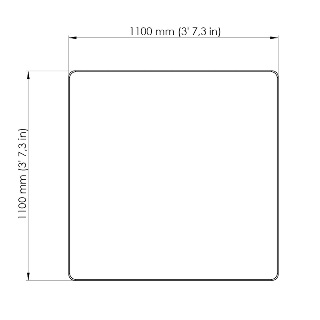 Plain white square table with rounded edges, dimensions 1100mm x 1100mm, clean and minimalistic design.