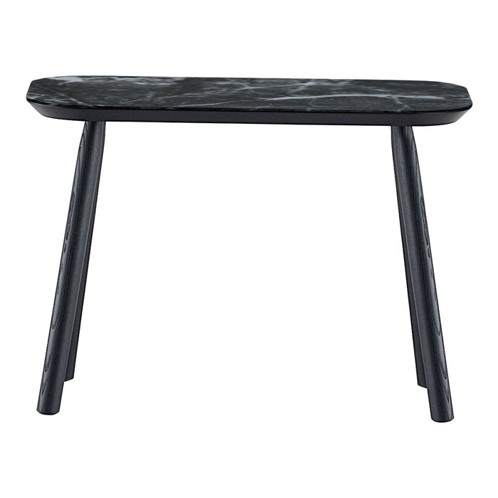 "Black marble top with a smooth surface and dark wooden legs, featuring a modern, sleek design."
