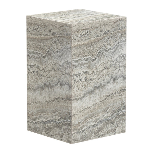 Gray and beige stone side table featuring a layered, wavy pattern for a modern aesthetic.