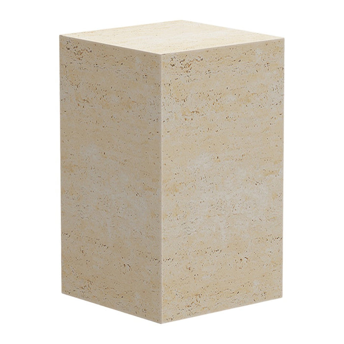 Beige stone pedestal with a subtly textured surface, featuring light speckles and a clean, modern design.