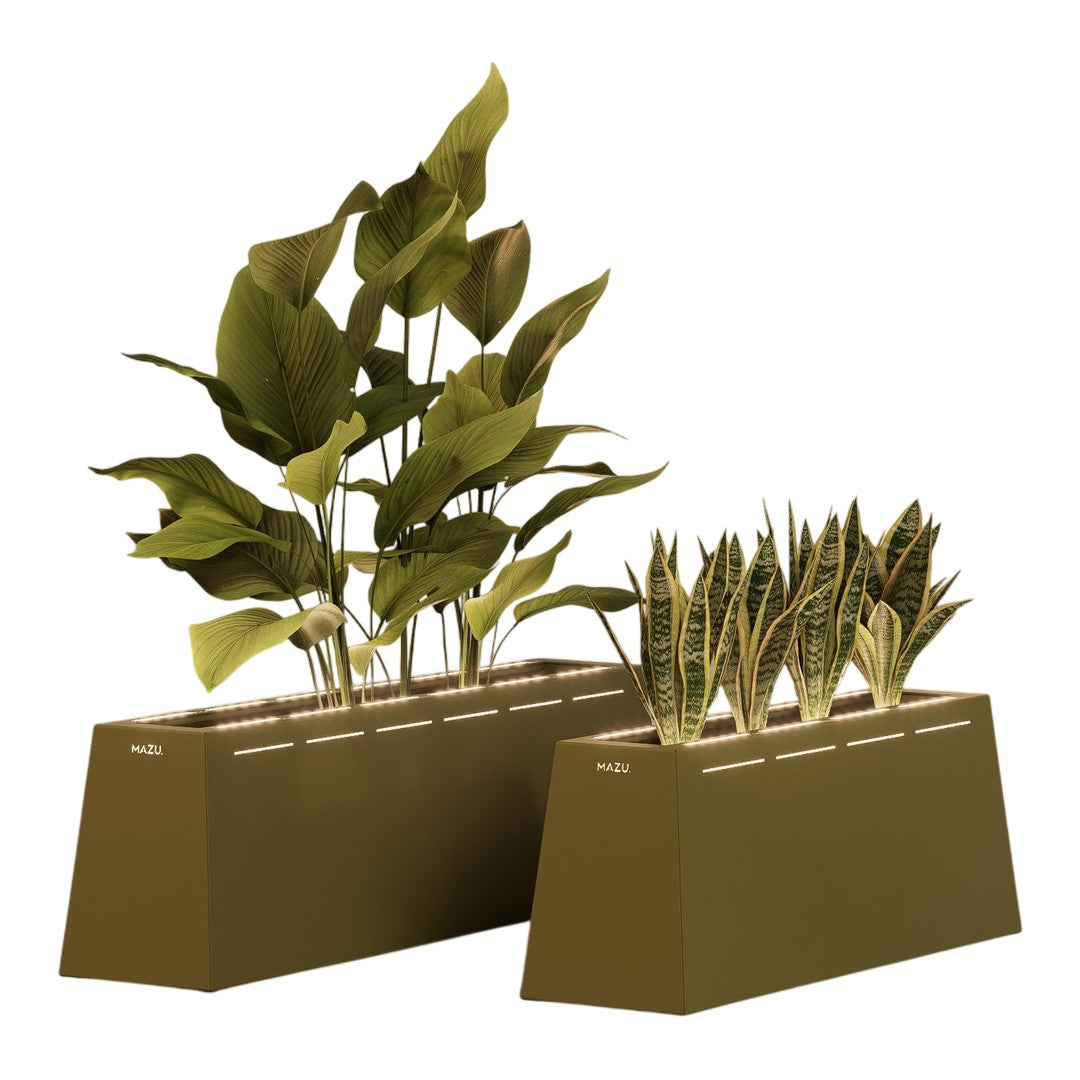 Green and leafy indoor planters in earthy brown tones with modern geometric design and simple, clean lines.