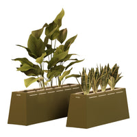 Green and leafy indoor planters in earthy brown tones with modern geometric design and simple, clean lines.