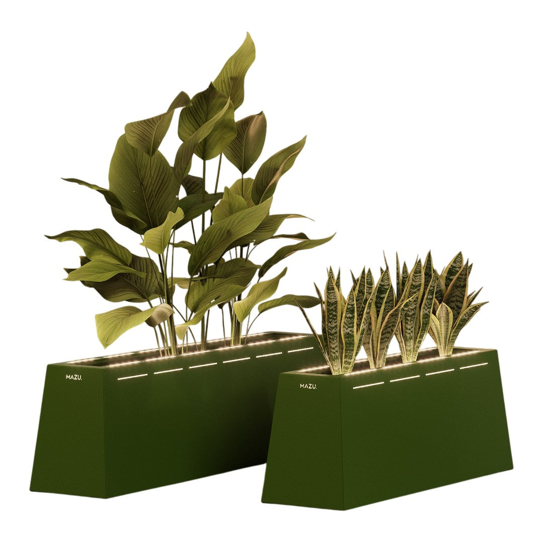 Set of two modern planters in a rich green shade, featuring vibrant green leaves and textured patterns.