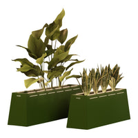 Set of two modern planters in a rich green shade, featuring vibrant green leaves and textured patterns.