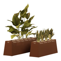 Brown rectangular plant pots with green foliage, featuring a mix of leafy and striped patterns. Perfect for indoor decor.