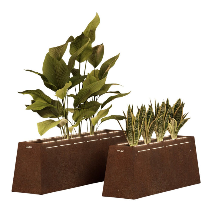 Two modern planters in rich brown tones, featuring lush green leaves and distinct patterned foliage.