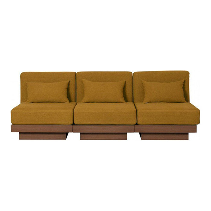 Mustard yellow three-seater sofa with matching cushions and a sleek wooden base, adding modern elegance to any space.