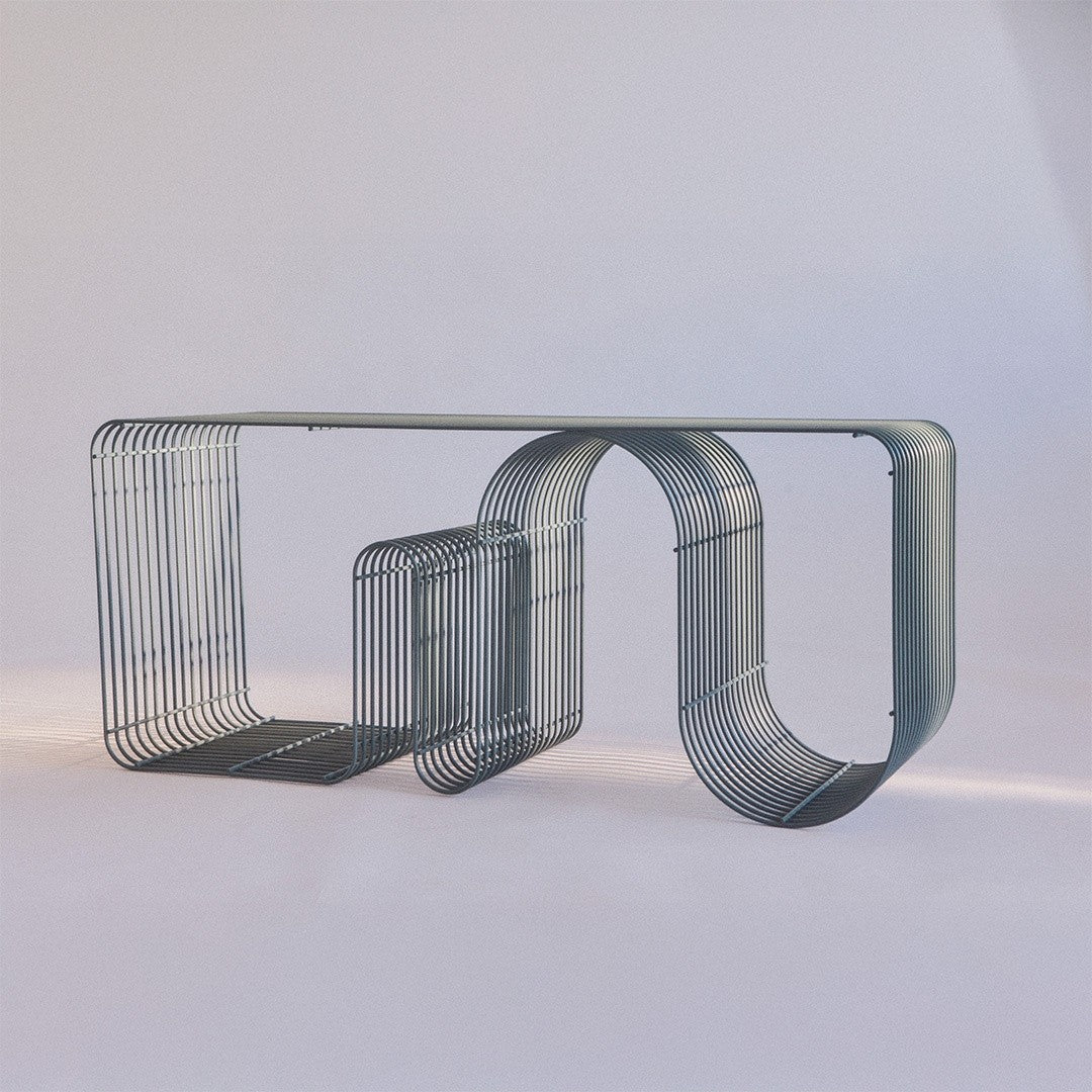 Sleek gray metal wire table with unique curved patterns, perfect for modern decor.